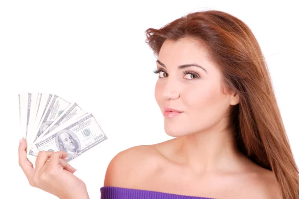 Jonge vrouw met geld in de hand — Stockfoto