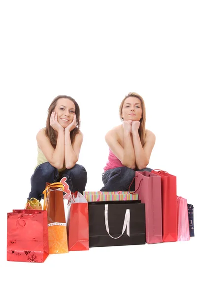 Izole iki alışveriş kadın — Stok fotoğraf