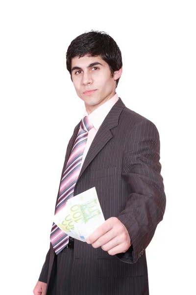 Empresário mantém o dinheiro em uma mão — Fotografia de Stock