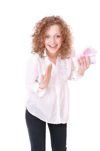 Veselá mladá dáma držící hotovost — Stock fotografie