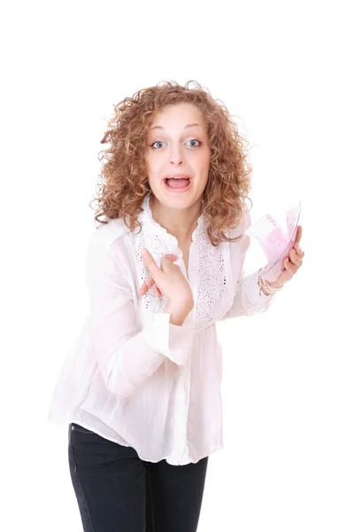Cheerful young lady holding cash — Stock Photo, Image