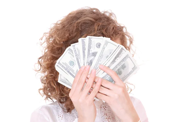 Vrolijke jongedame met contant geld — Stockfoto
