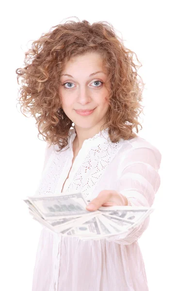 Joyeux jeune femme tenant de l'argent — Photo