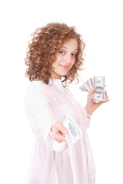 Vidám fiatal hölgy kezében készpénz — Stock Fotó