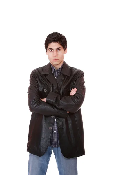 Egy jóképű férfi bőr kabát — Stock Fotó