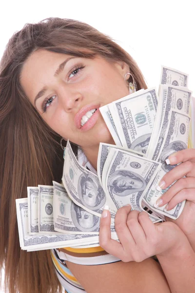 Vrolijke jonge dame contant geld — Stockfoto