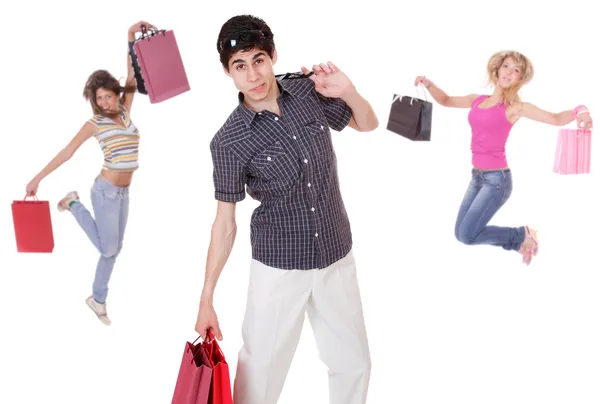 Shopping man with two jumping girls — Stock Photo, Image
