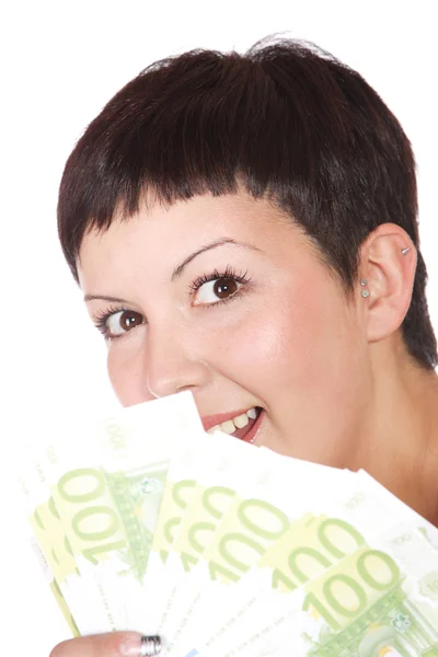 Счастливая женщина со счетами евро — стоковое фото