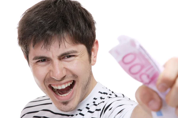 Casual guy holding euros bills — Stock Photo, Image
