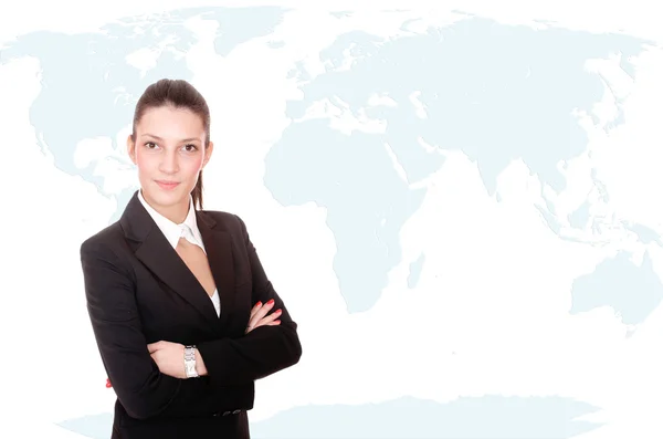 Mulher de negócios com mapa do mundo — Fotografia de Stock