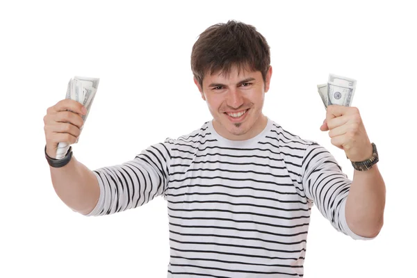 Avslappnad kille som innehar dollar räkningar — Stockfoto