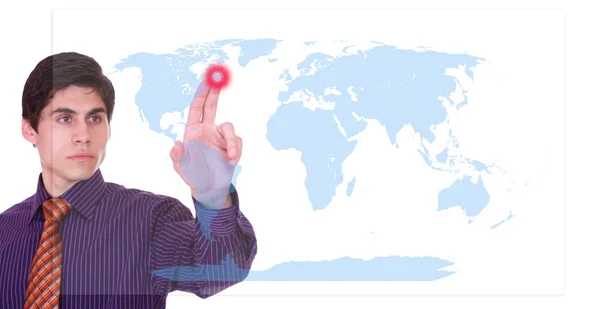 ビジネスマンに触れる、世界地図に — ストック写真