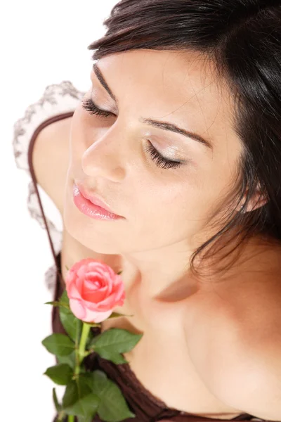 Beauty with pink rose — Stock Photo, Image