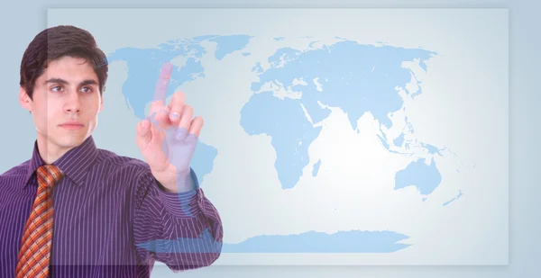 Empresário tocando um em um mapa do mundo — Fotografia de Stock