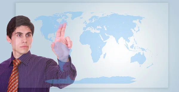 Empresário tocando um em um mapa do mundo — Fotografia de Stock