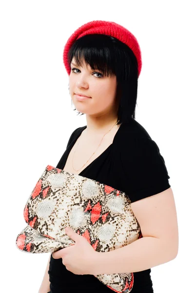 Ung kvinna med handväska på vit bakgrund — Stockfoto