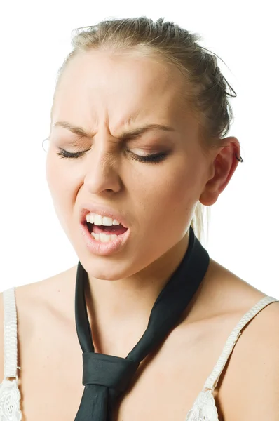 Mladá štíhlá žena nosí podprsenku na bílém pozadí — Stock fotografie