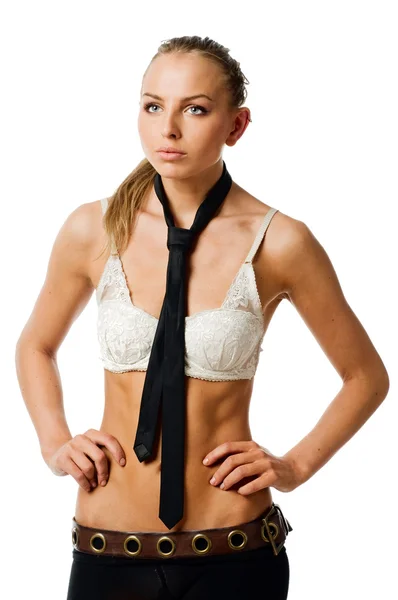 Young slim woman wearing bra on white background — Stock Photo, Image