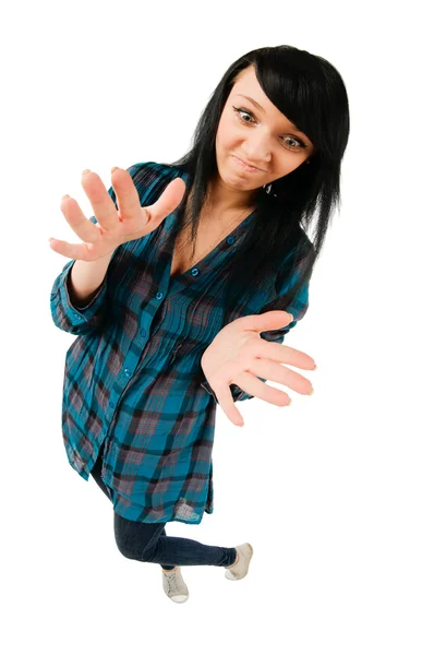 Cute teenage girl showing something big — Stock Photo, Image