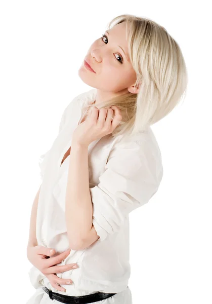 Beautiful blond teenage girl on white — Stock Photo, Image