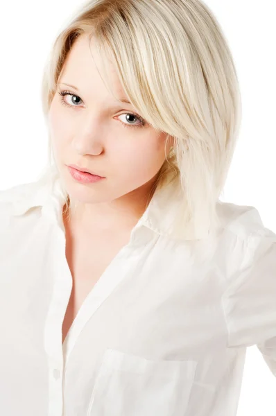 Prachtige blond tienermeisje op wit — Stockfoto
