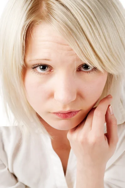 Beautiful blond teenage girl on white — Stock Photo, Image