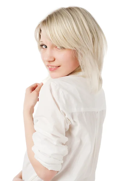 Красивая блондинка в белом — стоковое фото