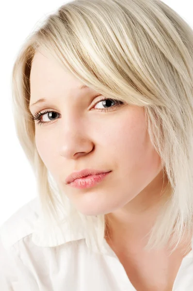 Prachtige blond tienermeisje op wit — Stockfoto