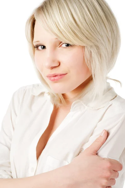 Vacker blond tonårstjej på vit — Stockfoto