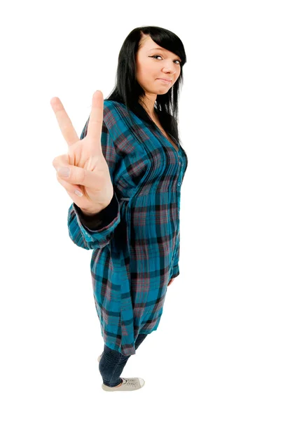 Teenager-Mädchen zeigt zwei Finger — Stockfoto