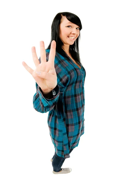 Adolescente chica mostrando cuatro dedos — Foto de Stock