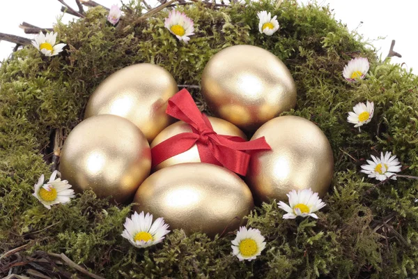 Uova di Pasqua dorate nel nido degli uccelli — Foto Stock
