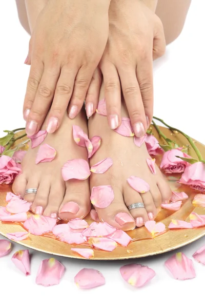 Vrouw voeten en bloemblaadjes close-up — Stockfoto