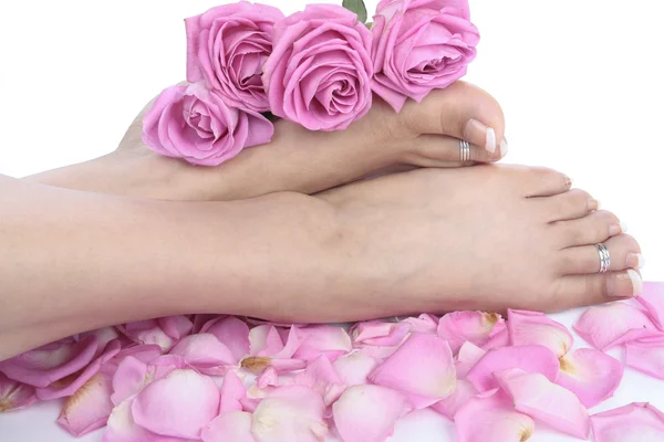 Kvinna fötter ben och blommor över vita — Stockfoto