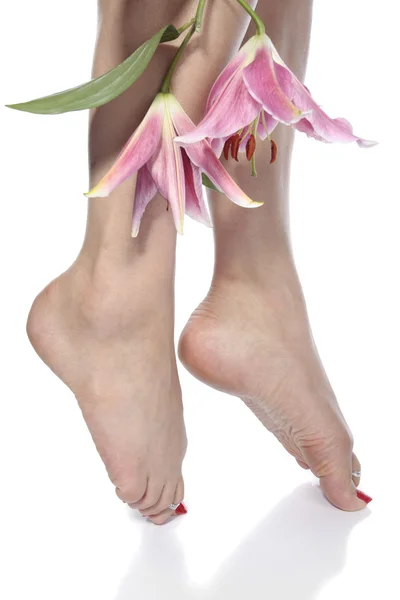 Mulher pés pernas e flores sobre fundo branco — Fotografia de Stock