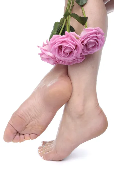 Woman feet and flowers over white background — Stock Photo, Image