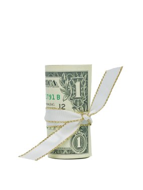 A single US One Dollar Bill rolled with a ribbon. clipart