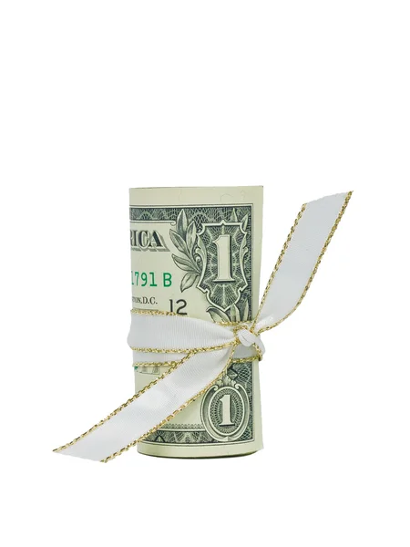 A single US One Dollar Bill rolled with a ribbon. — Stock Photo, Image