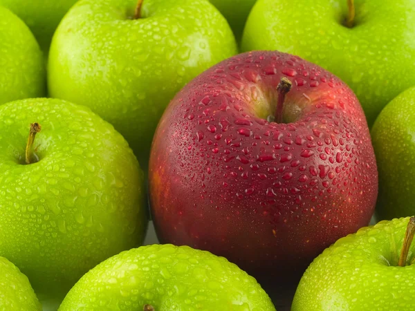 Fundo de maçãs verdes com um único vermelho — Fotografia de Stock