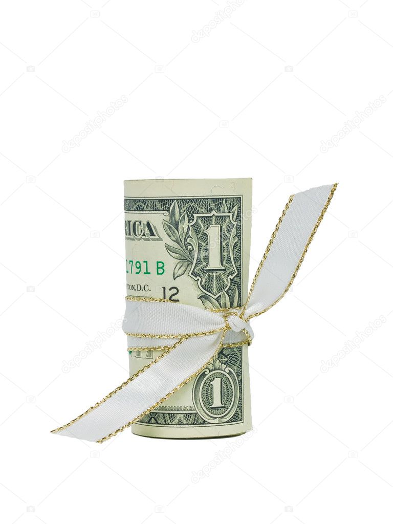 A single US One Dollar Bill rolled with a ribbon.