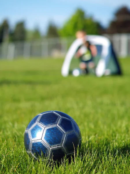 Blue Soccer Ball and Players — Stock Photo, Image