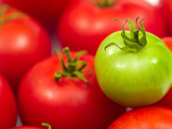 Na tle czerwony dojrzałe pomidory i jeden zielony pomidor — Zdjęcie stockowe