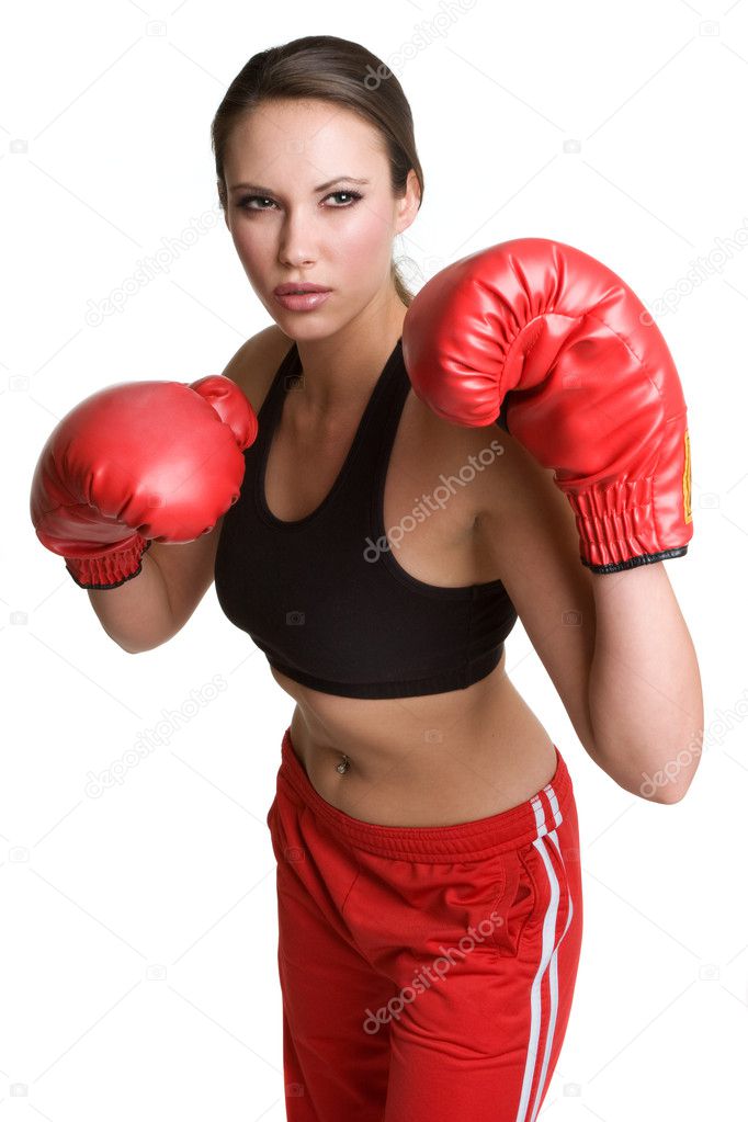 Mujer en un vestido negro y rojo Guantes boxeo Fotografía de stock