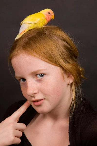 Little girl is thinking with lovebird — Stock Photo, Image