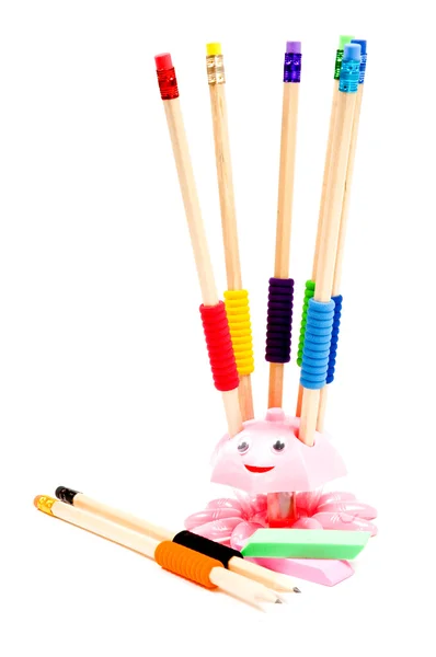 Een geïsoleerde potlood houder met kleurrijke potloden Rechtenvrije Stockafbeeldingen