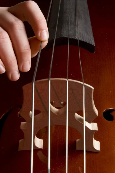 stock image Close up of a childhand is playing the cello