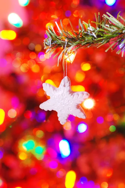 Ceramic snowflake on a branch — Stock Photo, Image