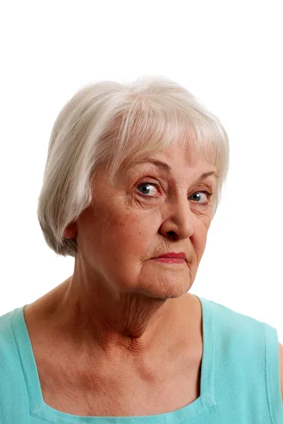 Oudere vrouw met blauwe terug naar boven — Stockfoto