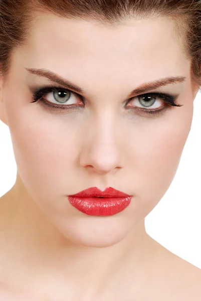 Headshot jonge vrouw met rode lippenstift — Stockfoto