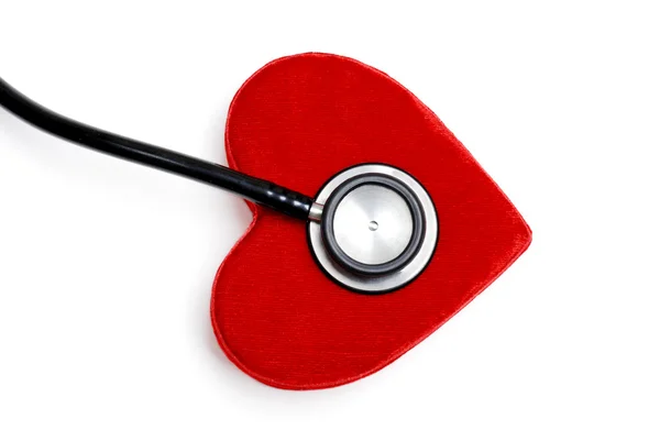 Estetoscopio en una lujosa caja roja del corazón — Foto de Stock